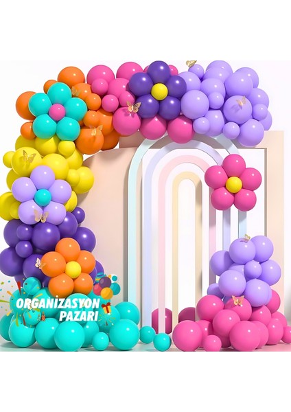 Balon Seti Turkuaz-Mor-Sarı-Turuncu-Fuşya-Lila 100 Lü Balon Zinciri Seti