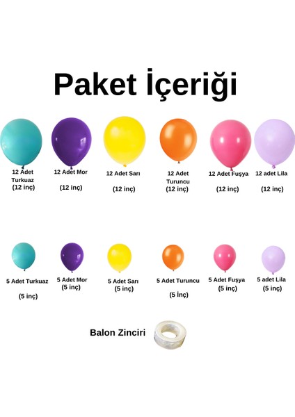 Balon Seti Turkuaz-Mor-Sarı-Turuncu-Fuşya-Lila 100 Lü Balon Zinciri Seti fiyatları