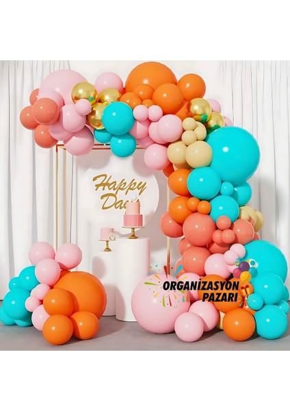 Balon Seti Turuncu-Pembe-Turkuaz-Retro Pembe-Makaron Sarı 100 Lü Balon Zinciri Seti