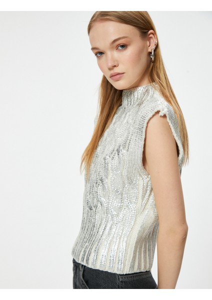 Kolsuz Süveter Dik Yaka Metalik Örgü Dokulu Slim Fit