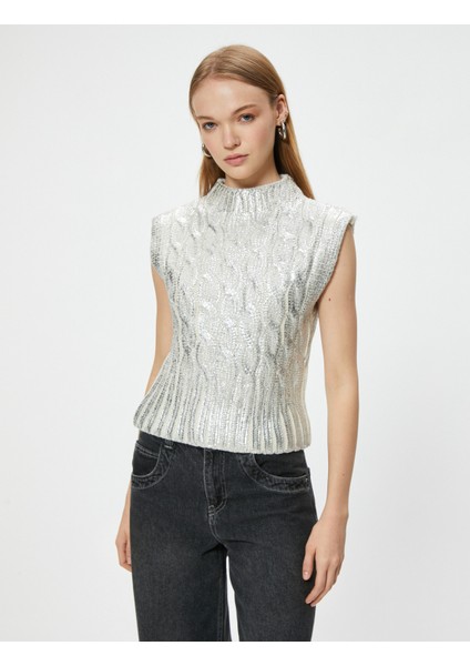 Kolsuz Süveter Dik Yaka Metalik Örgü Dokulu Slim Fit modelleri