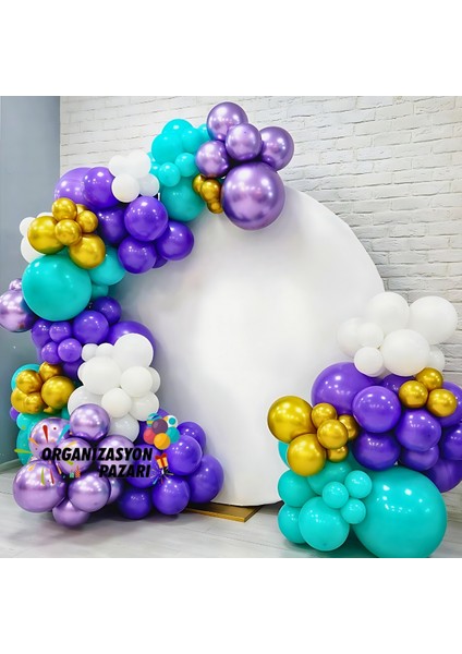 Balon Seti Turkuaz-Krom Gold-Beyaz-Mor-Krom Mor 60 Lı Balon Zinciri Seti