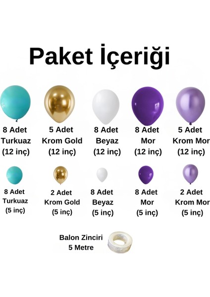 Balon Seti Turkuaz-Krom Gold-Beyaz-Mor-Krom Mor 60 Lı Balon Zinciri Seti fiyatları