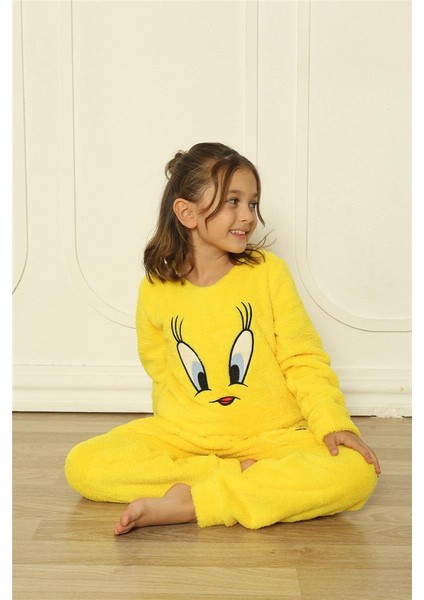 Sarı Kuş Desenli Tam Peluş Kız Çocuk Pijama Takımı fiyatları