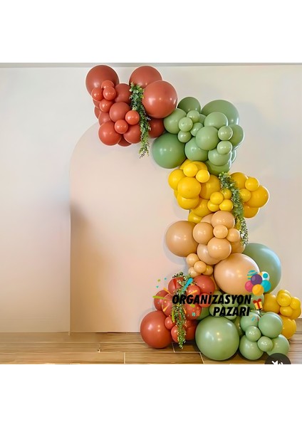 Balon Seti Yanık Turuncu-Çöl Kumu-Zerdeçal-Kış Yeşili 100 Lü Balon Zinciri Seti