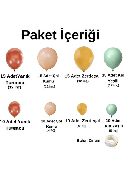 Balon Seti Yanık Turuncu-Çöl Kumu-Zerdeçal-Kış Yeşili 100 Lü Balon Zinciri Seti fiyatları