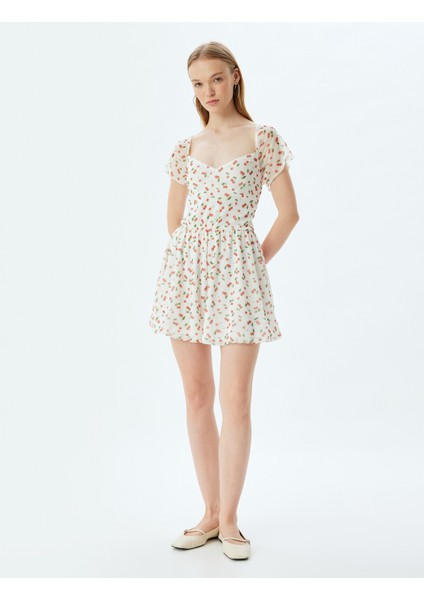 Mini Tül Salopet Tulum Kiraz Baskılı U Yaka Kısa Kollu modelleri