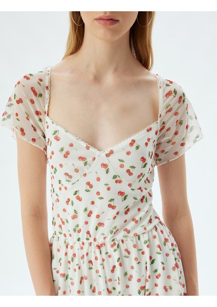 Mini Tül Salopet Tulum Kiraz Baskılı U Yaka Kısa Kollu indirimleri