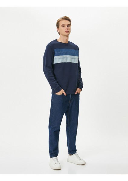 Bisiklet Yaka Sweatshirt Kumaş Bloklu Uzun Kollu Pamuklu