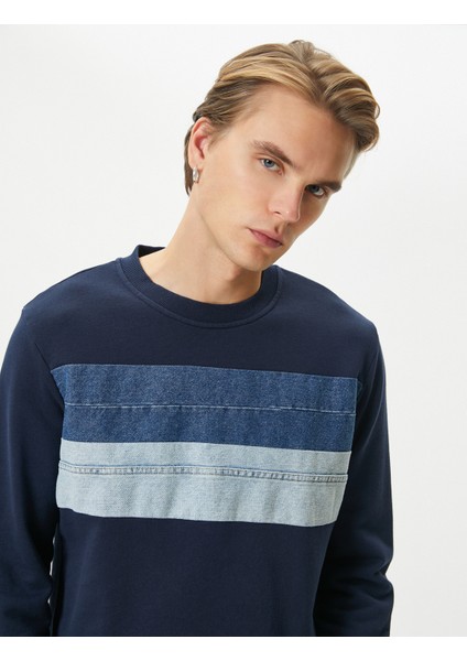 Bisiklet Yaka Sweatshirt Kumaş Bloklu Uzun Kollu Pamuklu fiyatları