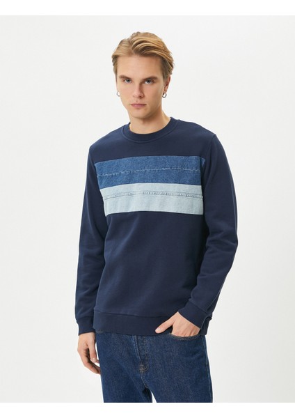 Bisiklet Yaka Sweatshirt Kumaş Bloklu Uzun Kollu Pamuklu modelleri