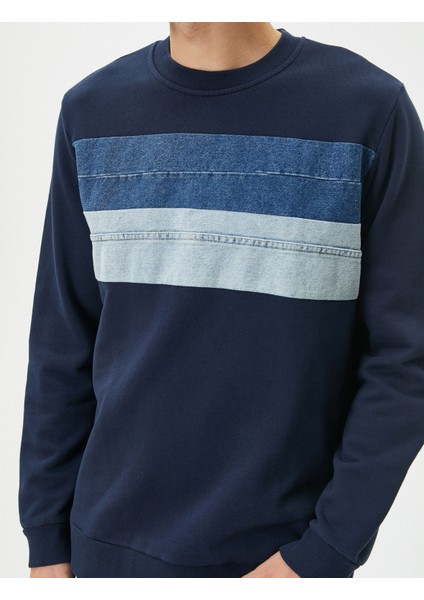 Bisiklet Yaka Sweatshirt Kumaş Bloklu Uzun Kollu Pamuklu indirimleri