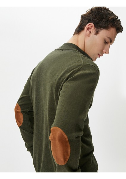 Yarım Fermuarlı Kazak Slim Fit Uzun Kollu Dirsek Detaylı