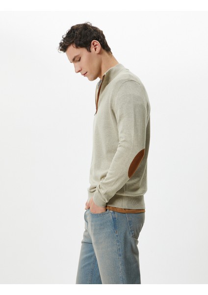 Yarım Fermuarlı Kazak Slim Fit Uzun Kollu Dirsek Detaylı