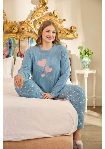 Kadın Suzi Büyük Beden Thermal Mavi Pijama Takım 0686