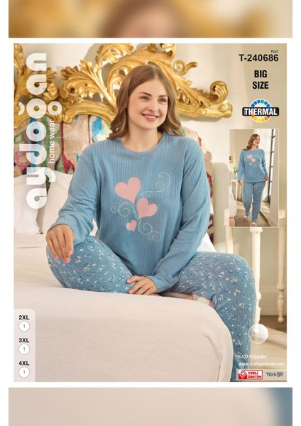 Kadın Suzi Büyük Beden Thermal Mavi Pijama Takım 0686