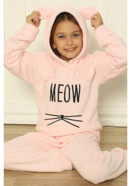 Toz Pembe Meow Desenli Tam Peluş Kız Çocuk Pijama Takımı