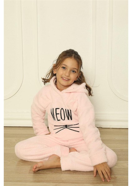 Toz Pembe Meow Desenli Tam Peluş Kız Çocuk Pijama Takımı fiyatları