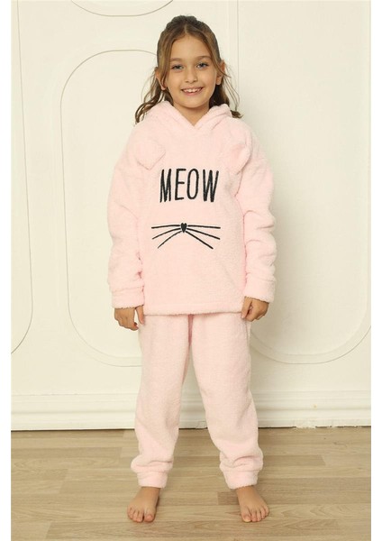 Toz Pembe Meow Desenli Tam Peluş Kız Çocuk Pijama Takımı modelleri