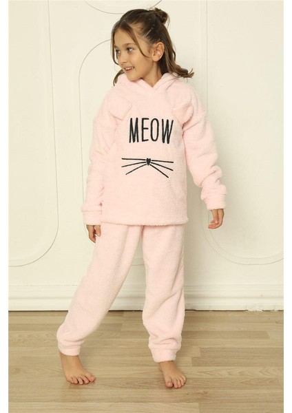 Toz Pembe Meow Desenli Tam Peluş Kız Çocuk Pijama Takımı fırsatları