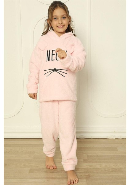Toz Pembe Meow Desenli Tam Peluş Kız Çocuk Pijama Takımı indirimleri