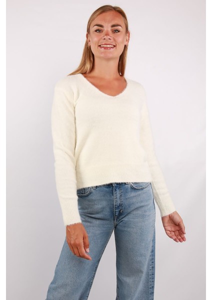 Kadın Onlella V Yaka Uzun Kollu Örme Kazak 15259562 Ekru