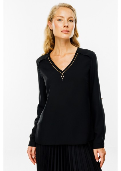 Kadın V Yaka Zincirli Bluz 2013 Siyah