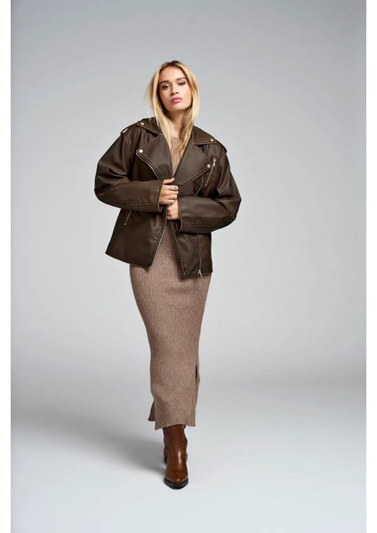 Kadın Onlmontana Asimetrik Fermuarlı Suni Deri Ceket 15322430 Kahverengi