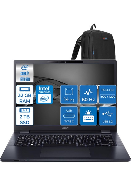 Travelmate P4 Intel Core I7-1260P 32GB 2tb SSD Intel UHD Graphics Fhd 14" Freedos Taşınabilir Bilgisayar MP414F06 + Zettaçanta