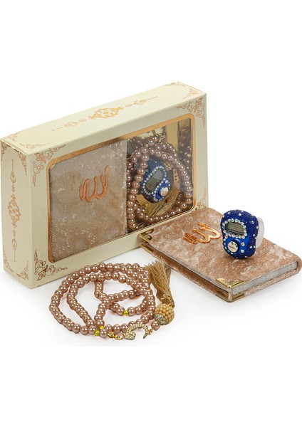 Lacivert Taşlı Zikirmatik - Mini Kadife Yasin - Inci Tesbihli Hediyelik Set - Gold Renk