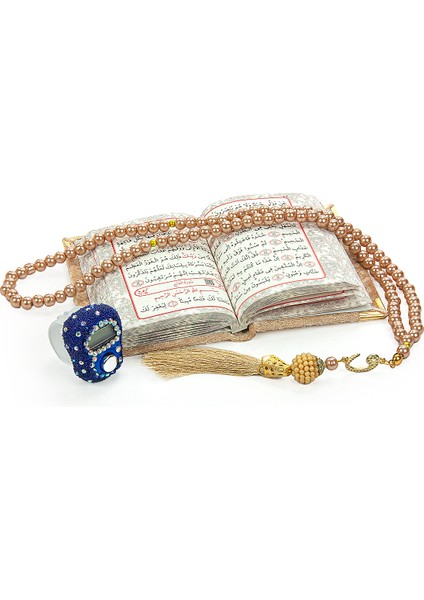 Lacivert Taşlı Zikirmatik - Mini Kadife Yasin - Inci Tesbihli Hediyelik Set - Gold Renk