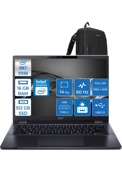 Travelmate P4 Intel Core I7-1260P 16GB 512GB SSD Intel UHD Graphics Fhd 14" Freedos Taşınabilir Bilgisayar MP414F01 + Zettaçanta