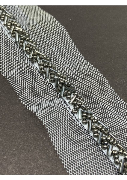 Boncuk Işli Tül Şerit / Antrasit Boncuklu/ 1 Metre