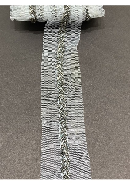 Boncuk Işli Tül Şerit / Antrasit Boncuklu/ 1 Metre modelleri
