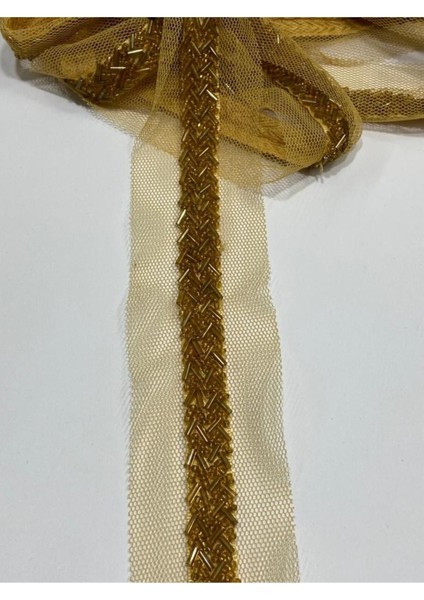 Boncuklu Şerit / Boncuk Işli Şerit / 1 Metre / Koyu Gold