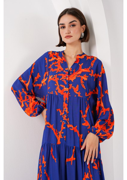 2423 Otantik Desenli Elbise - C. Mor