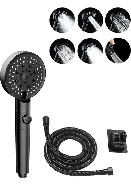 5 Fonksiyonlu Duş Başlığı Seti 150 cm Hortum Yapışkanlı Duş Askısı Duş Fıskiyesi Siyah 1 Set