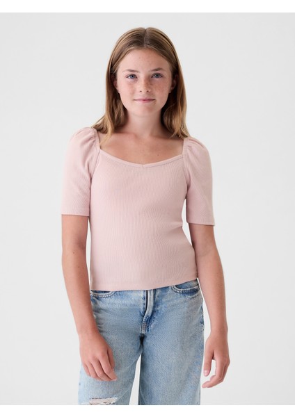 Kız Çocuk Pembe Kalp Yaka Balon Kol T-Shirt