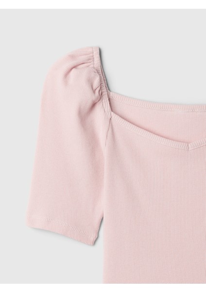 Kız Çocuk Pembe Kalp Yaka Balon Kol T-Shirt modelleri