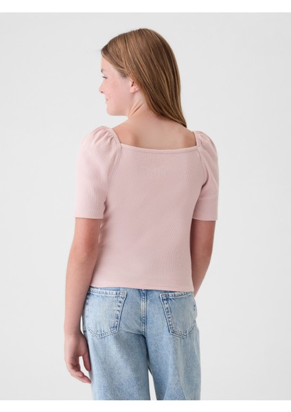 Kız Çocuk Pembe Kalp Yaka Balon Kol T-Shirt fırsatları