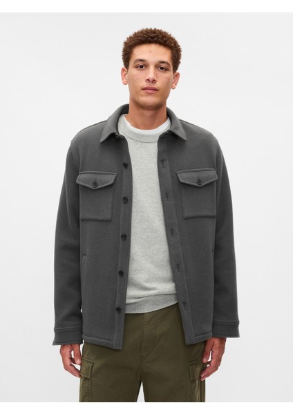 Erkek Gri Yün Karışımlı Utility Gömlek Ceket