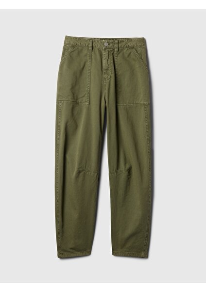 Kadın Haki Mid Rise Twill Barrel Pantolon