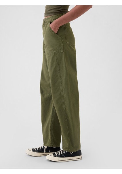 Kadın Haki Mid Rise Twill Barrel Pantolon