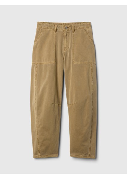 Kadın Kahverengi Mid Rise Twill Barrel Pantolon