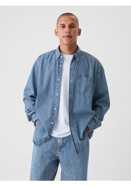 Erkek Mavi Big Denim Gömlek