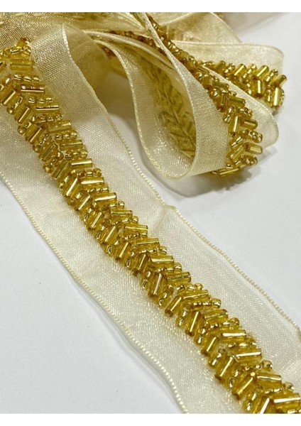 Boncuklu Şerit / Boncuk Işli Şerit / 1.35 Cm / Koyu Gold