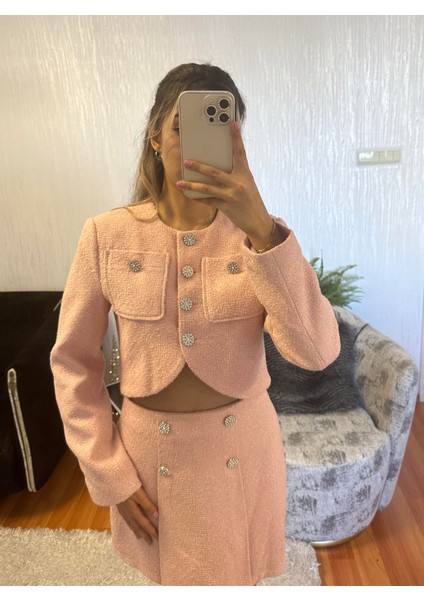 Düğme Detaylı Crop Ceket Pembe