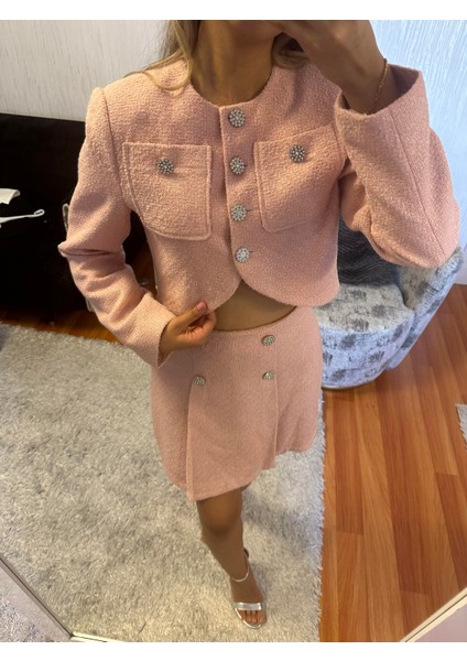 Düğme Detaylı Crop Ceket Pembe modelleri
