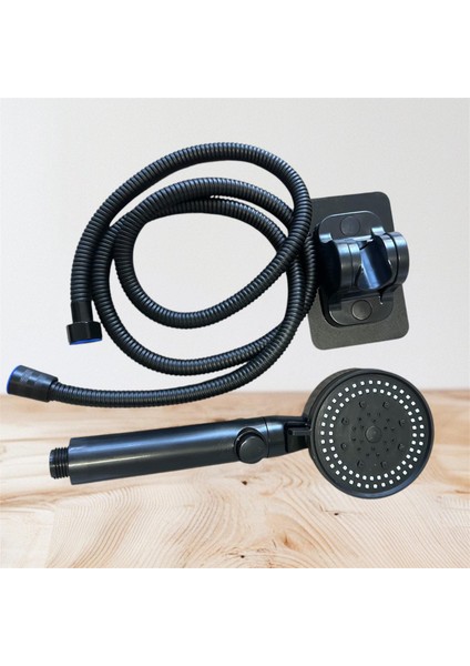 3'lü Set Siyah 5 Fonksiyonlu Turbo Jet Pervaneli Duş Başlığı Örgülü 150 cm Hortum ve Askı Seti