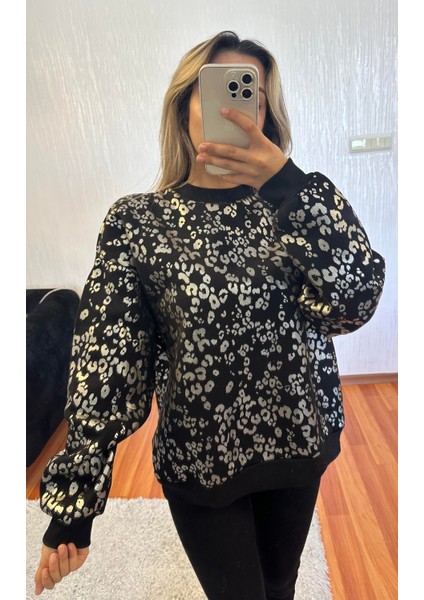 Leopar Desenli Sweatshirt Siyah modelleri